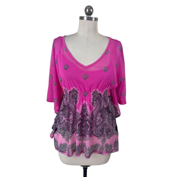INC International Concepts Kimono Blouse Womens Petite Pink Paisley Boho Artsy - Picture 1 of 8